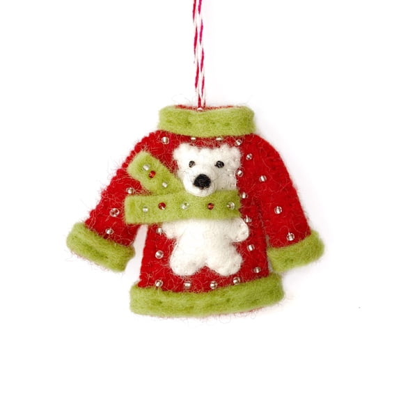 Ugly Christmas Sweater Polar Bear Ornament - Felt Wool Fair Trade Handmade Nepal
