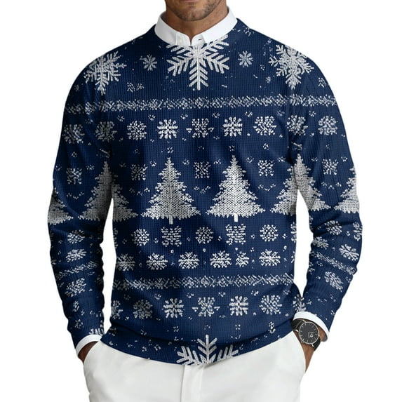 Ugly Christmas Sweater Pullover for Men Crew Neck Soft Knitted Sweaters Reindeer Snowflake Santa Soft Xmas 2025 Festive Gift Pullover Tops Long Sleeve Christmas Pattern Holiday Pullover,Blue 3XL