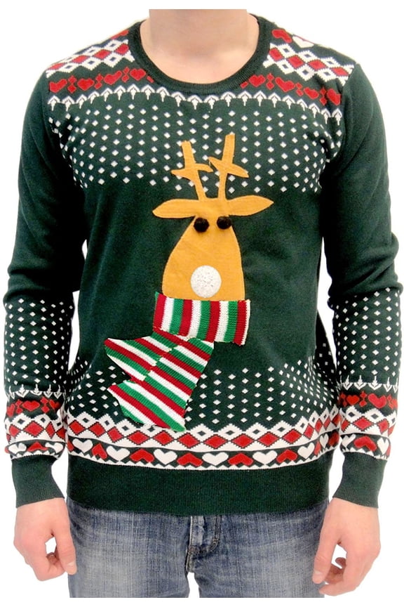 Ugly Christmas Sweater Rudolph Flashing Light Red Nose Reindeer Adult Green Sweater