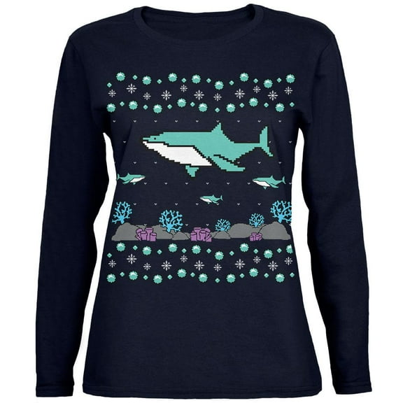 Ugly Christmas Sweater Shark Coral Reef Womens Long Sleeve T Shirt Navy MD