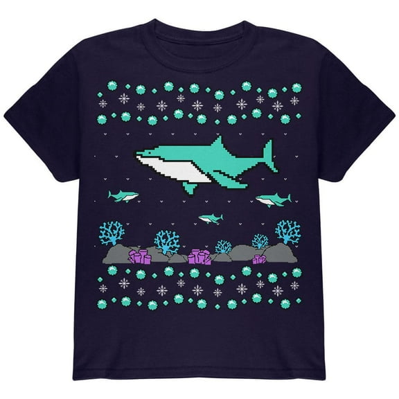 Ugly Christmas Sweater Shark Coral Reef Youth T Shirt Navy YMD