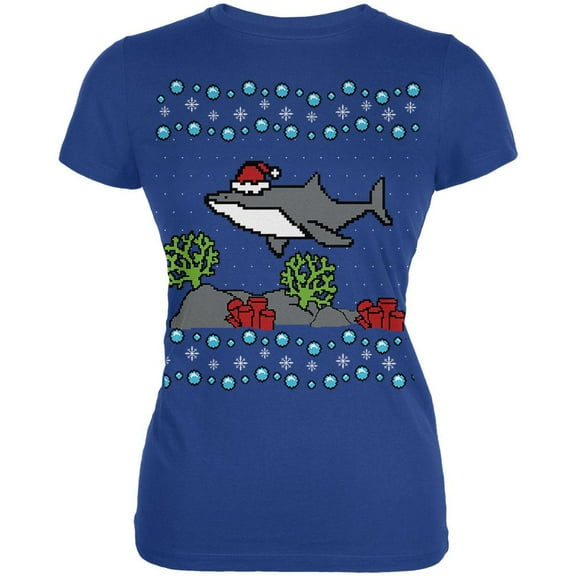 Ugly Christmas Sweater Shark Santa Hat Juniors Soft T Shirt Royal LG