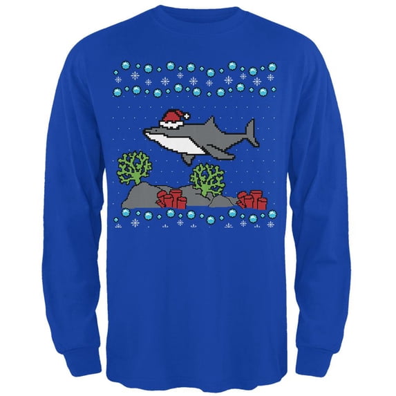 Ugly Christmas Sweater Shark Santa Hat Mens Long Sleeve T Shirt Royal MD