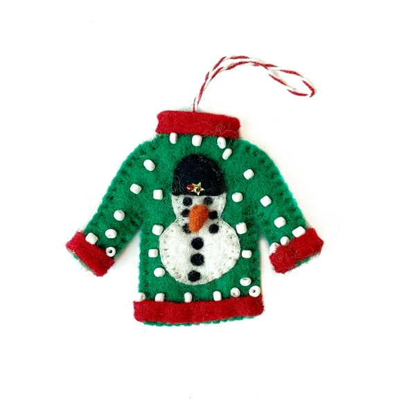 Ugly Christmas Sweater Snowman Ornament - Felt Wool Fair Trade Handmade Nepal