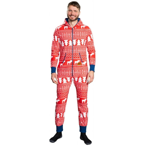 Ugly Christmas Sweater Style Fair Isle Jumpsuit Cozy Adult Union Suit Pajamas for Mens and Womens