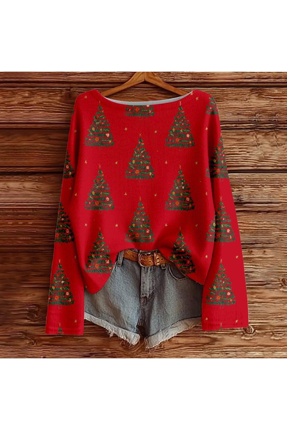 Christmas Sweater Women Boat Neck Long Sleeve Sweaters Boho Pullover Tops Xmas Holiday Clothes