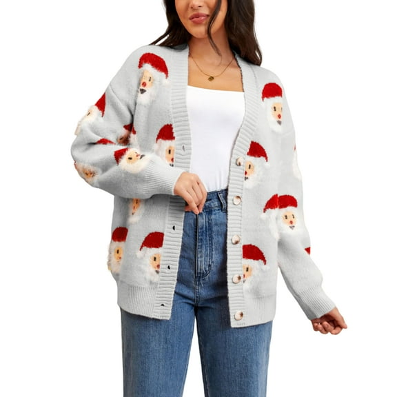 Ugly Christmas Cardigan Sweaters for Women Funny Long Sleeve Xmas Santa Fall Button Down Knit Sweater