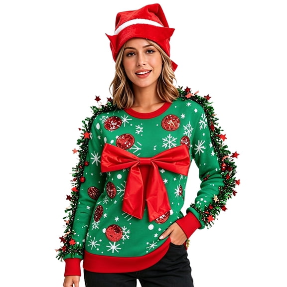 Ugly Christmas Sweater Women Funny Sequin Bow Gift Snowflake Crewneck Knit Long Sleeve Holiday Pullover M