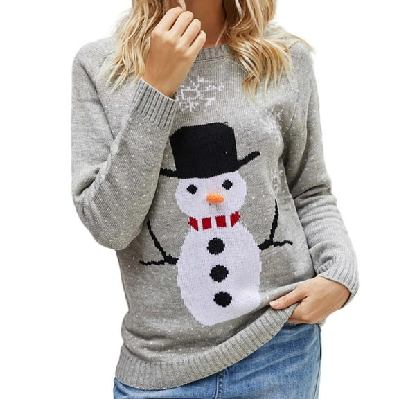 Ugly Christmas Sweater Women Funny Xmas Graphic Knitted Sweaters Pullover Long Sleeve Holiday Ladies Tops Gray, S