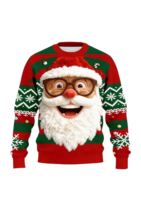 Christmas Sweater Women Men Funny Santa Claus Knitted Christmas Sweatshirts for Couples 3D Graphic Xmas Pullover,Red,2XL