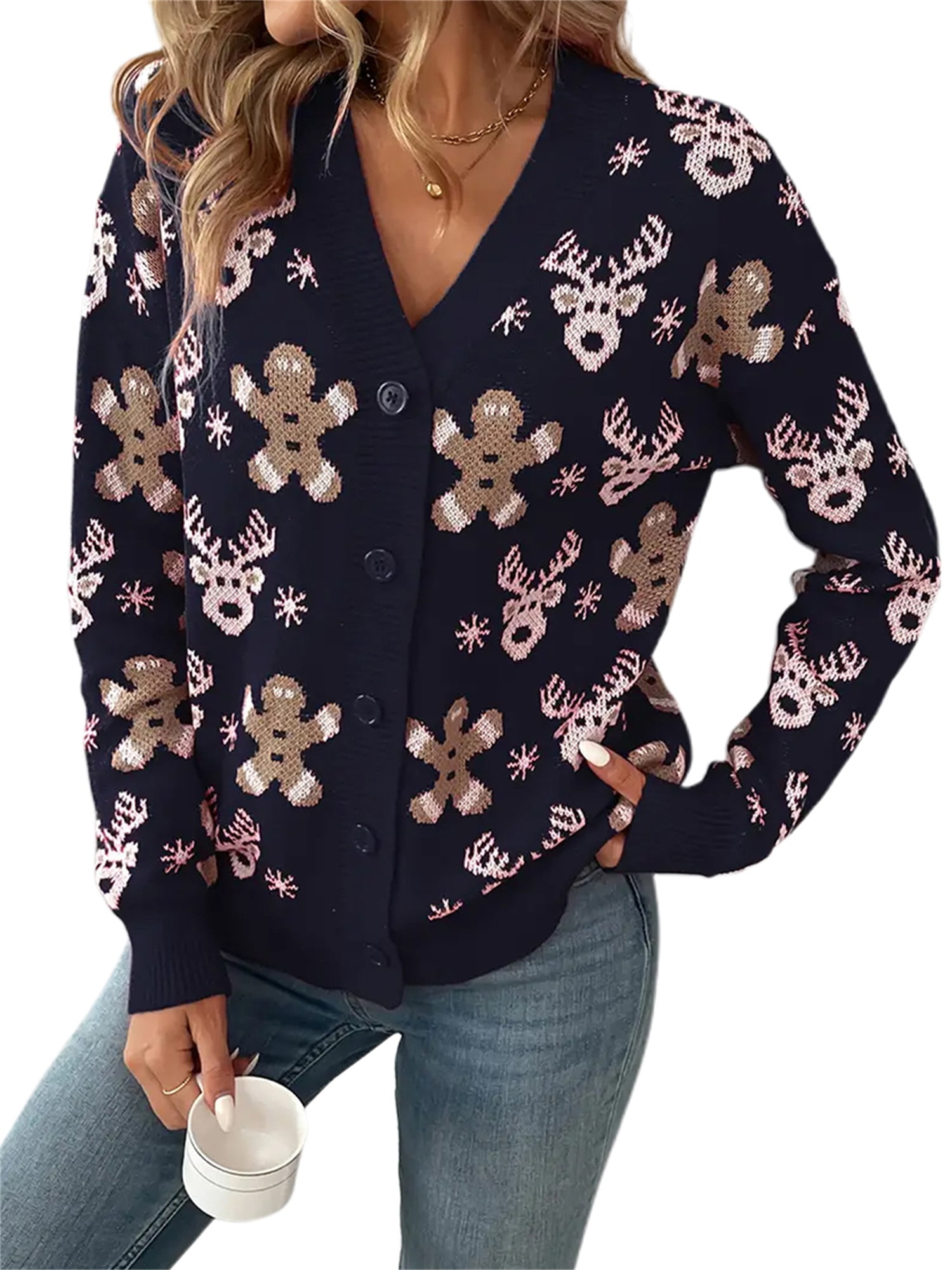Women's Ugly Christmas Sweater Cardigan Sweater Shirt Collar Ribbed Knit Polyester Button Pocket