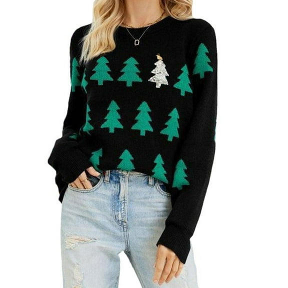 Ugly Christmas Sweater for Women Crew Neck Long Sleeve Cute Funny Holiday Chrismas Tree Print Cable Knit Pullover Sweater Alsol Lamesa