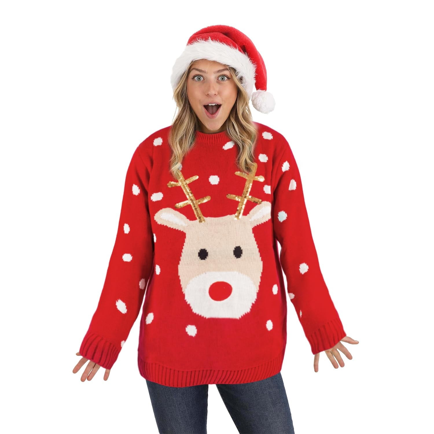 Ugly Christmas Sweater for Women, Cute Reindeer Knit Sweater with