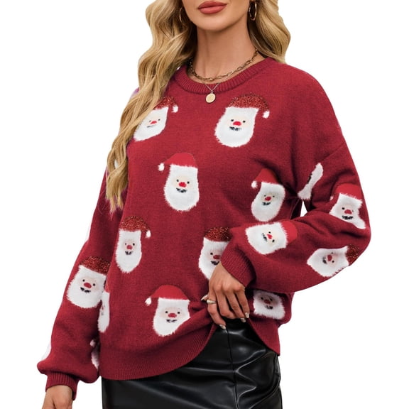Ugly Christmas Sweater for Women Funny Santa Long Sleeve Knitted Xmas Pullover Cute Wintertime Holiday Parties Tops