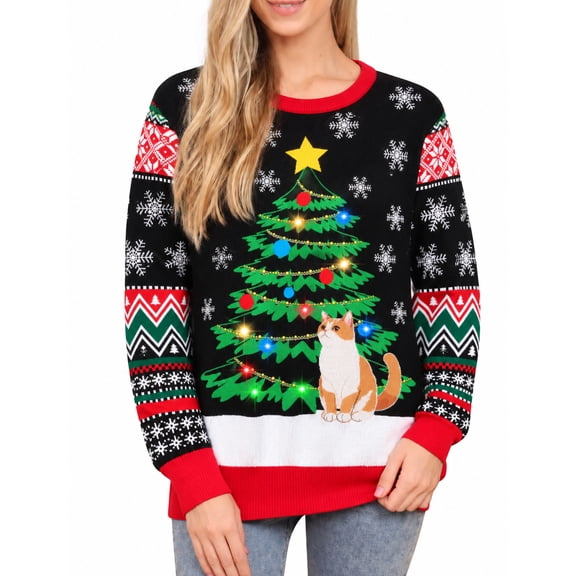 Aideaone Women's Ugly Christmas Sweater Funny Light Up Knit Long Sleeve Pullover