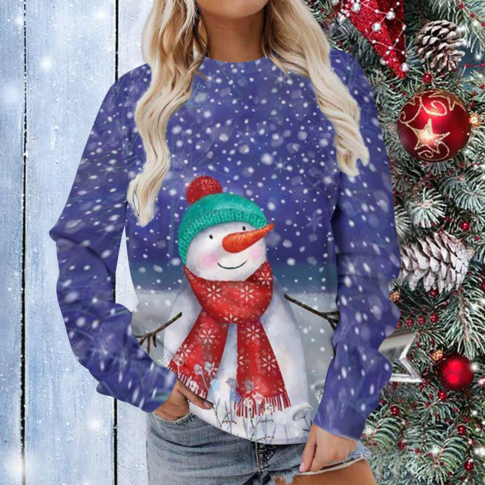 Ugly Christmas Sweater for Women Light Up Shiny Snowman Print Long