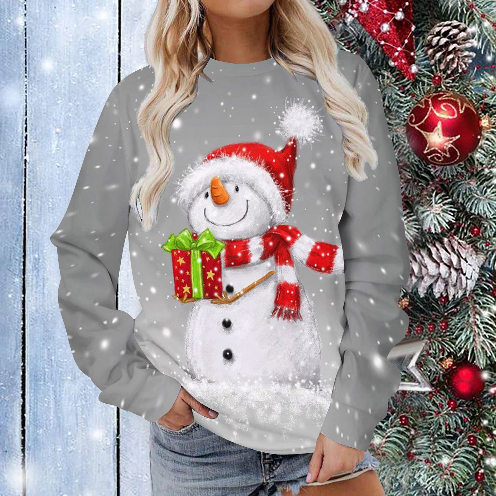 Ugly Christmas Sweater for Women Light Up Shiny Snowman Print Long