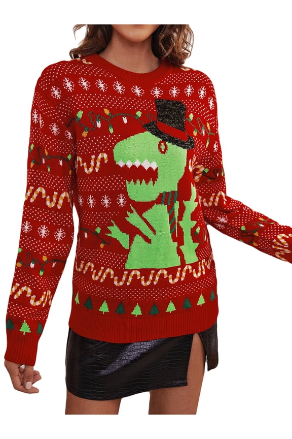 Ugly Christmas Sweater for Women Long Sleeve Dinosaur Print Holiday Knitted Pullover Xmas Sweaters