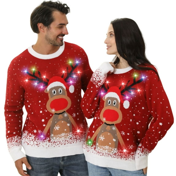 Ugly Christmas Sweater for Women Men,Light Up Christmas Sweater,Funny Reindeer Red Unisex Xmas Ugly Sweaters for Couples