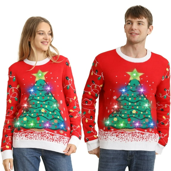 Ugly Christmas Sweaters for Women Men,Light Up Christmas Sweater,Funny Christmas Tree Red Unisex Xmas Sweaters for Couples