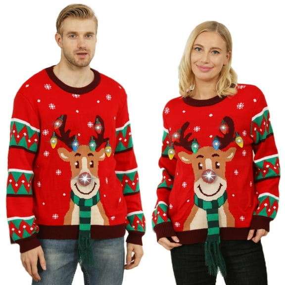 Ugly Christmas Sweater for Women Men,Light up Christmas Sweater,Funny Unisex Reindeer Xmas Ugly Sweaters for Couples