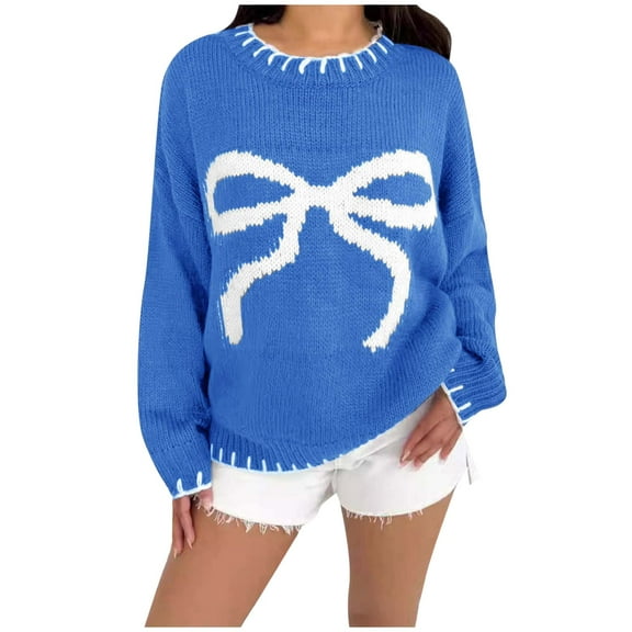 Ugly Christmas Sweaters For Women Bow Knitted Sweater Round Neck Long Sleeve Pullover Knitwear