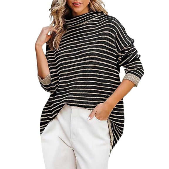 Ugly Christmas Sweaters For Women Casual High Neck Stripe Simple And Fashionable Colored Long Sleeve Pullover Top For Women