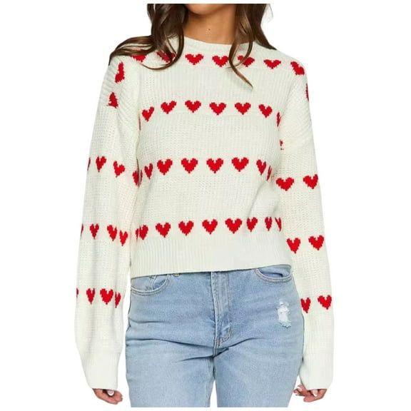Ugly Christmas Sweaters For Women Cute Heart Pattern Two Tone Knitted Crew Neck Long Sleeve Sweater For Women