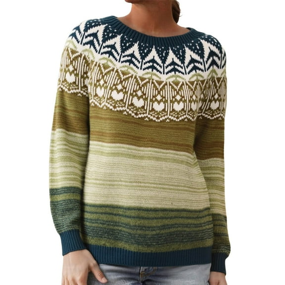 Ugly Christmas Sweaters For Women Fair Isle Knitted Sweater Long Sleeve Boat Neck Retro Lightweight Pullover Top For Fall Winter