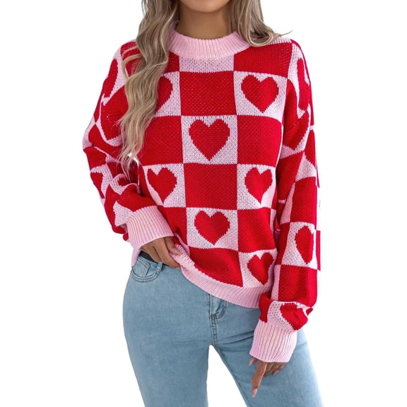 Ugly Christmas Sweaters For Women Heart Print Fall Loose Crewneck Color Block Pullover Casual Long Sleeve Knit Cozy Sweaters