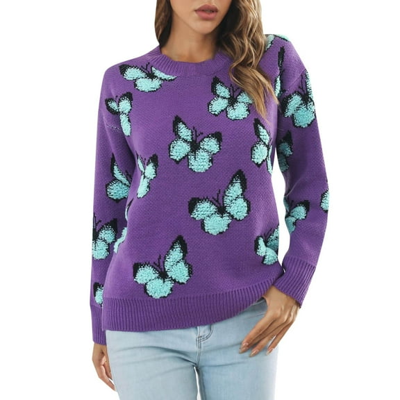 Ugly Christmas Sweaters For Women Long Sleeve Crew Neck Butterfly Pattern Knit Pullover Sweater Tops