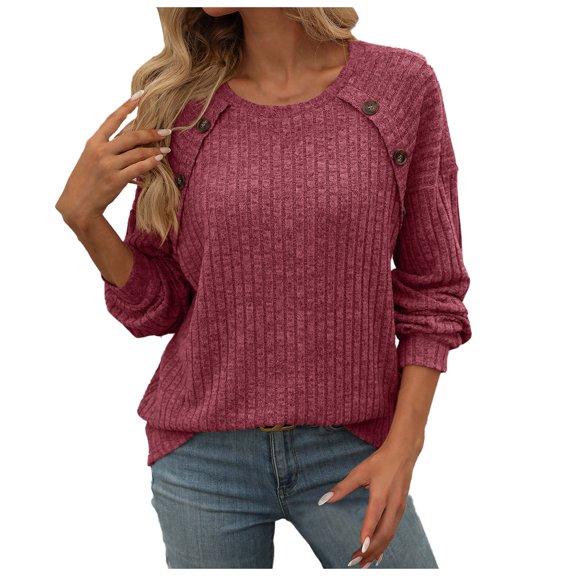 Ugly Christmas Sweaters For Women New Crew Neck Strip Brushed Solid Color Top Long Sleeve Button Pullover Sweater