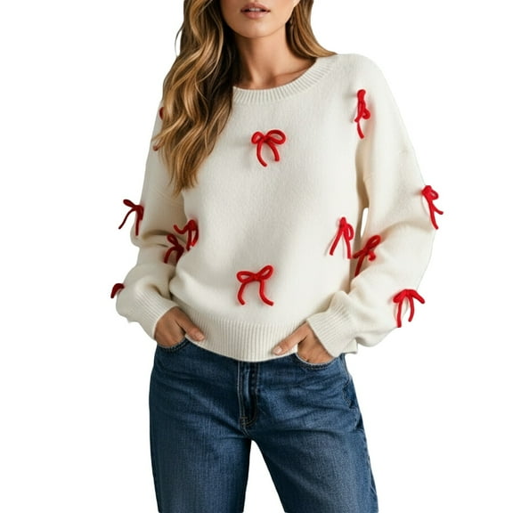 Ugly Christmas Sweaters For Women Red Bow Decorated Loose Round Neck Pullover Sweater