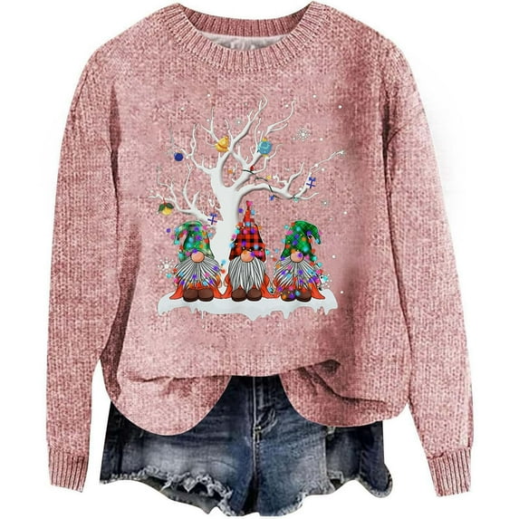 Ugly Christmas Sweaters Women Funny Cute Xmas Gnome Print Long Sleeve Knit Tunics Casual Fashion Holiday Crew Neck Blouses