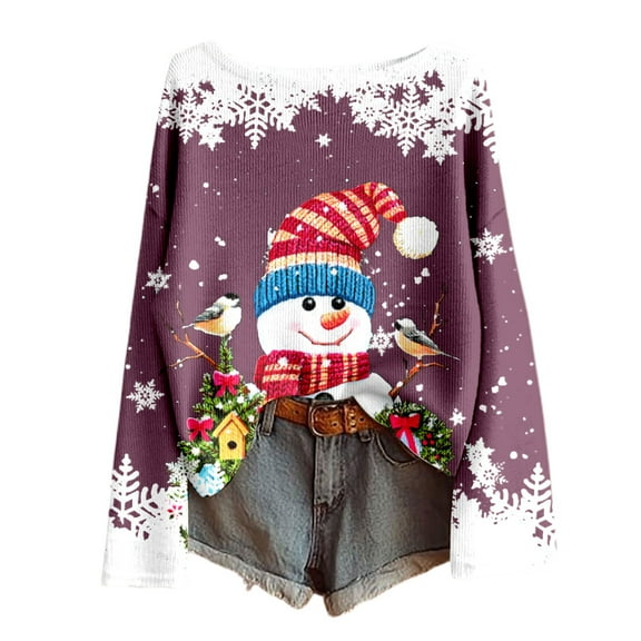 Christmas Sweaters Women Xmas Snowman Snowflake Graphic Long Sleeve Knit Shirts Fall Winter Casual Loose Fit Blouses