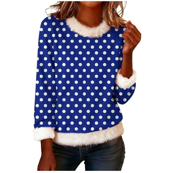 Ugly Christmas Sweaters for Women White Faux Fur Trim V Neck Shirt Dressy Funny Xmas Dots Printed Graphic Tops