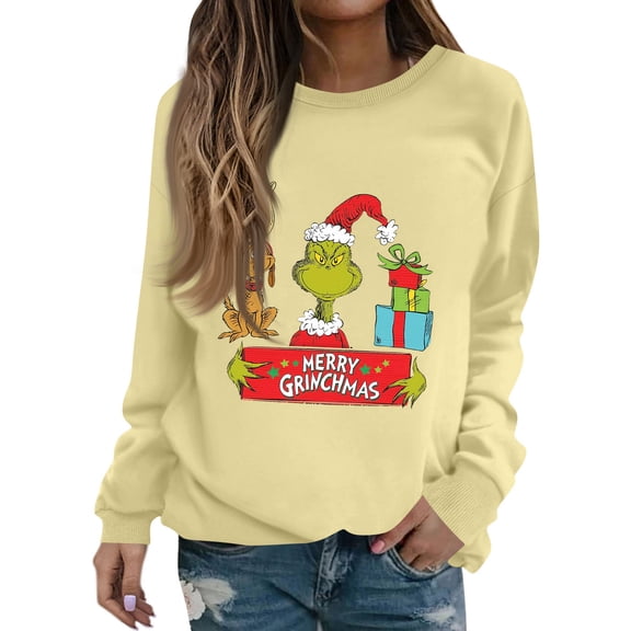 Ugly Christmas Sweatshirt Womens Funny Christmas Tree Xmas Cute Graphic Long Sleeve Pullover Khaki XL
