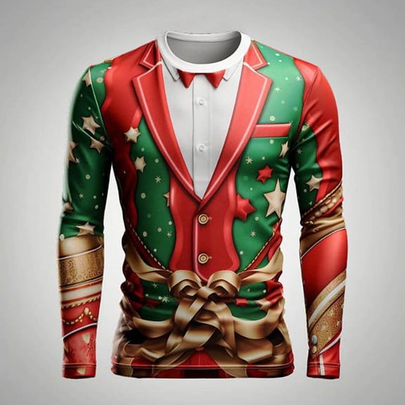 Ugly Christmas Sweatshirt for Men Funny 3D Suit Print Crew Neck Shirt Long Sleeve Outdoor Holiday Pullover Winter Top