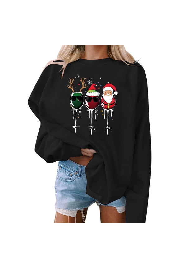 Ugly Christmas Sweatshirts Women Funny Christmas Wine Glasses Crewneck Shirts Xmas Long Sleeve Sweaters Pullover