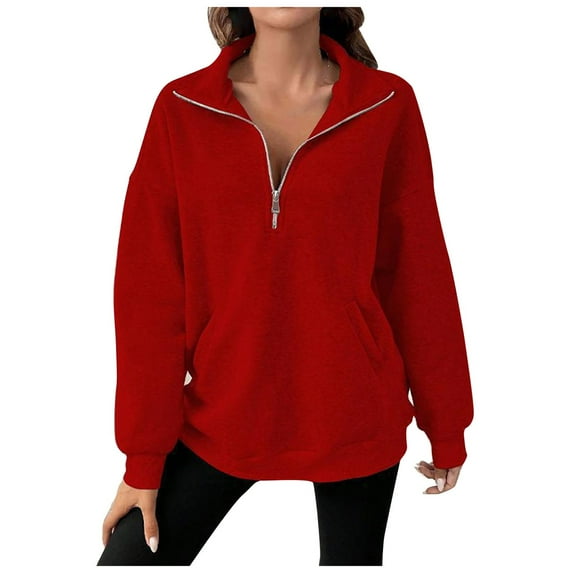 Ugly Christmas Sweatshirts for Women Fall Loose Turn-down Collar Long Sleeve Bell Cold Shoulder Half Zip Solid Color Leisure Cotton Tops Top(Red,S)