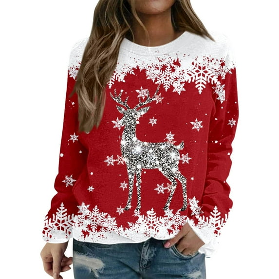 Ugly Christmas Sweatshirts for Women Funny Xmas Elk Graphic Print Pullover Holiday Long Sleeve Crewneck Tops