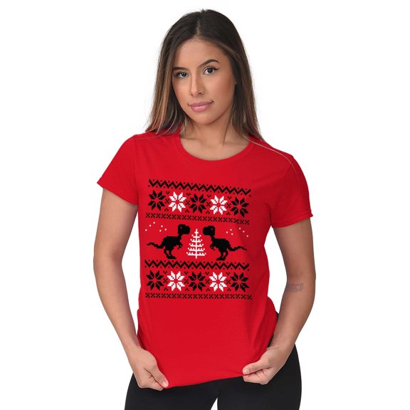 Ugly Christmas T-Rex Dinosaur Party Womens Fitted Plus Size Graphic Tee Brisco Brands 3X