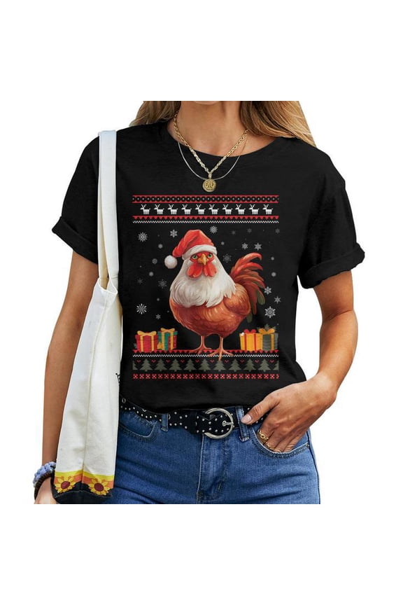 Ugly Christmas Tee for Women Christmas Chicken Santa Hat Design Holiday Cotton T-Shirt for Adults Casual Winter Outfit, Size 3XL, Color Black