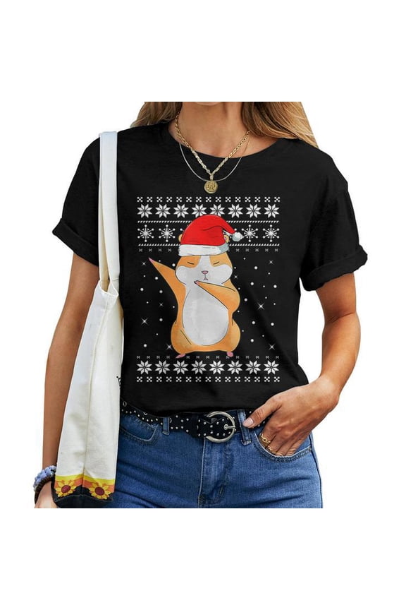 Ugly Christmas Tee for Women Dabbing Hamster Dance Design Funny Holiday Cotton T-Shirt for Adults Casual Winter Pajama Style, Size XL, Color Black