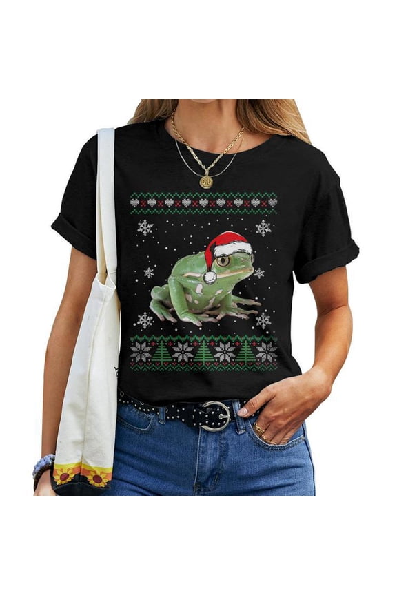 Ugly Christmas Tee for Women Santa Frog Animal Design Holiday Cotton T-Shirt for Adults Casual Winter Pajama Outfit, Size 5XL, Color Black