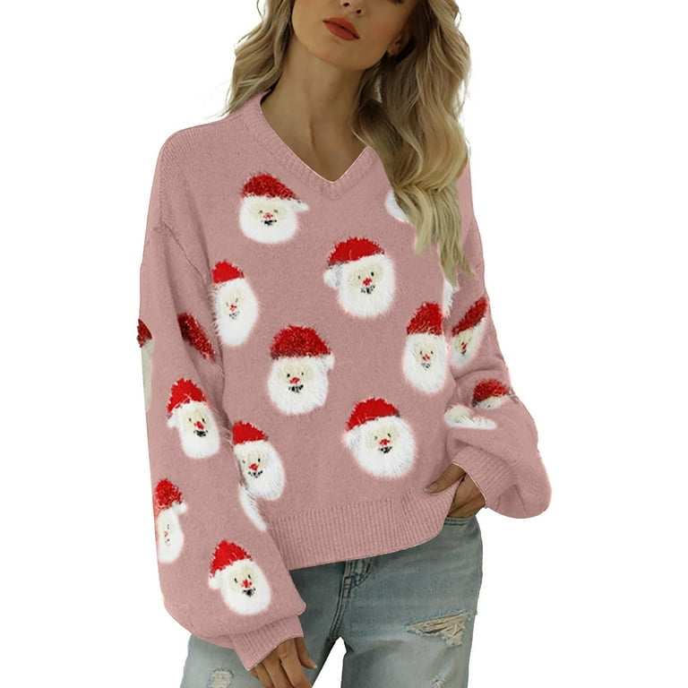 Ugly Christmas Women Christmas Knitted Sweater Cute Santa Head Pattern  Crewneck Pullover Cute Sweaters Sweaters For Women Pink