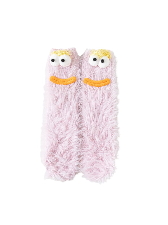 Ugly Cute Monster Crew Socks, Thick Shaggy Coral Fleece Mid-Calf Footwear, Playful 3D Fluffy Hair & Smiling Mouth Ornament for Indoor Wear