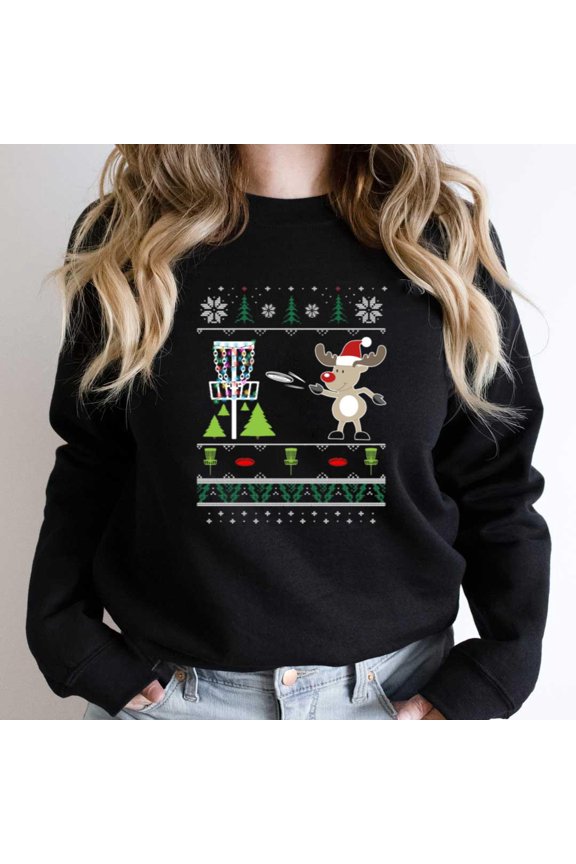 Ugly Disc Golf Christmas Sweater Funny Reindeer Sleigh Holiday Graphic SW10831 Unisex Sweatshirt, Up to Size 5XL
