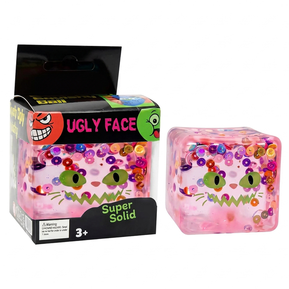 Ugly Face Spooky Squishy Cube, Slow Rising Stress Relief Fidget Ball with Round Glitter Sequin, Halloween Party Favor, 1 Pack