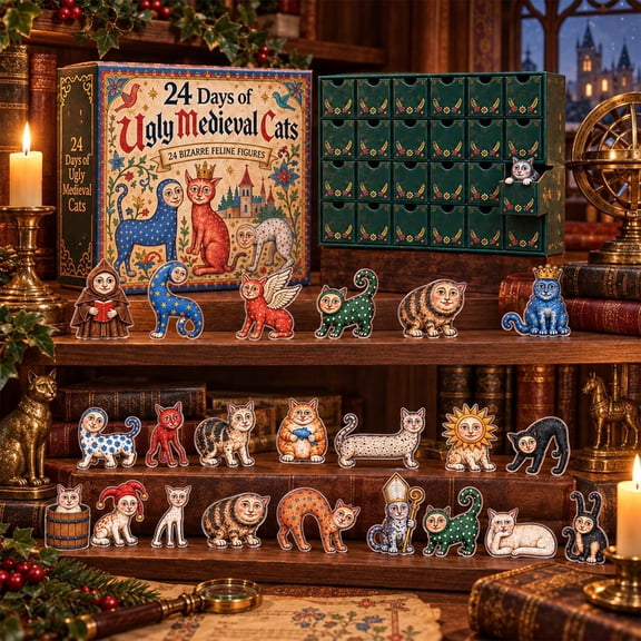 Ugly Medieval Cats, Advent Calendar,24‑Day Countdown Advent Box with Whimsical Medieval‑Style Cat Mini Figurines,Collectible Desktop Ornament Set